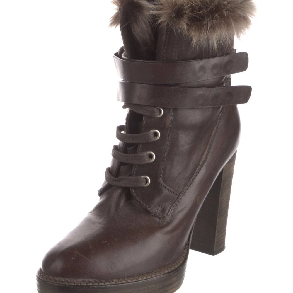 Brunello Cucinelli Leather Fur Trim Lace-Up Boots